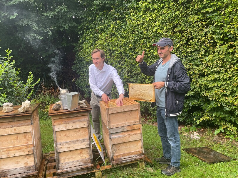 Von jedem Stock sind an die zwanzig Kilogramm Honig zu erwarten: Leonhard Ségur-Cabanac (l.) und Fadi Koussa sind mit der Ernte zufrieden.