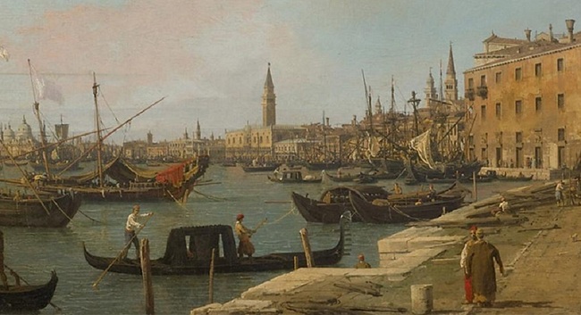 Ausblick vom Ufer (Riva  degli Schiavoni) in Venedig,  gemalt von Antonio Canal, genannt Canaletto, ca. 1724.